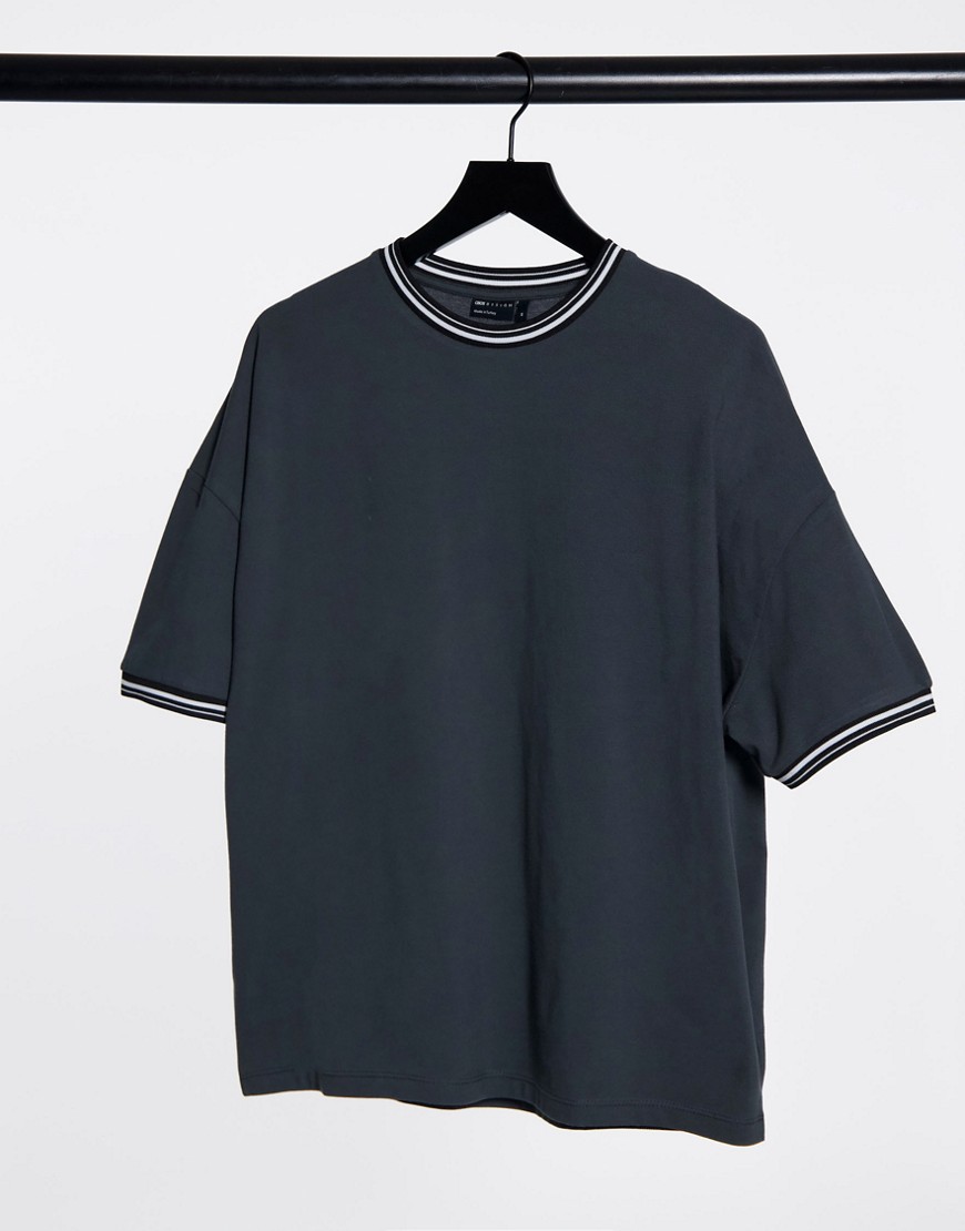ASOS DESIGN oversized pique t-shirt with tipping in washed black