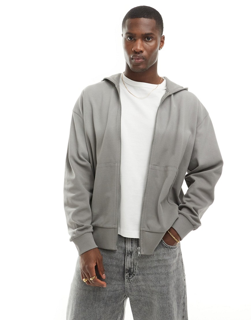 Asos Design Oversized Pique Washed Zip Through Hoodie In Gray