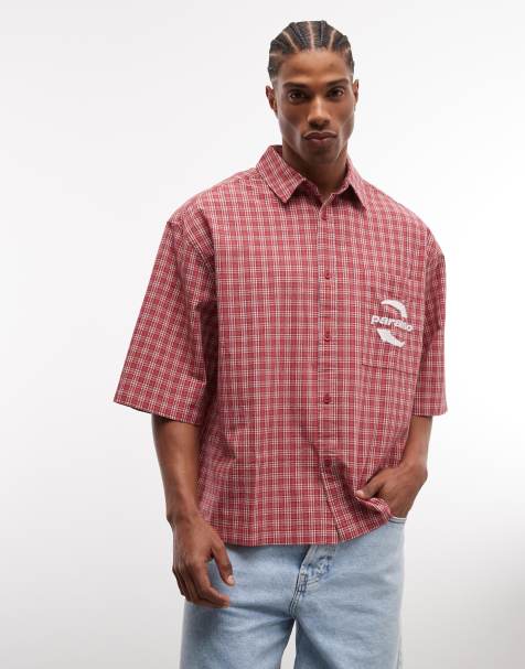 ASOS DESIGN oversized plaid shirt with chest embroidery in red - view 1