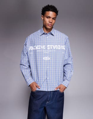 Asos Design . Oversized Plaid Shirt With Chest Print In Blue