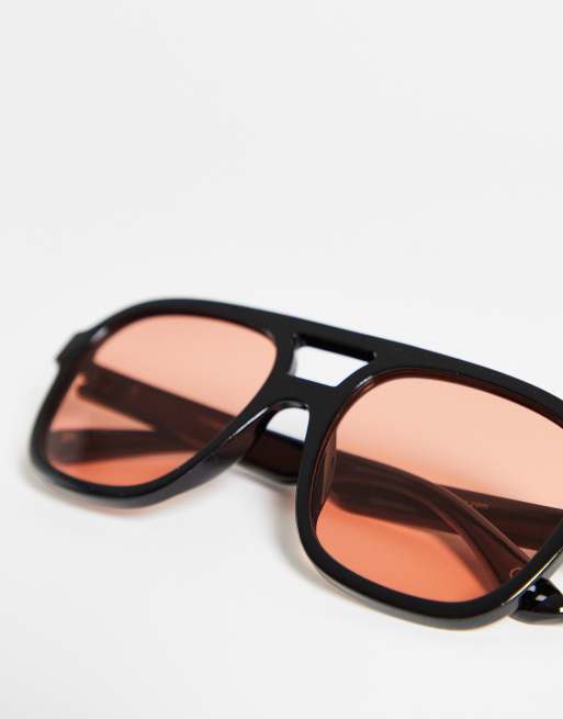 ASOS DESIGN oversized plastic aviator sunglasses with peach lens in black