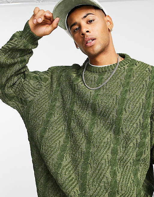 ASOS DESIGN oversized plated cable knit jumper in khaki twist