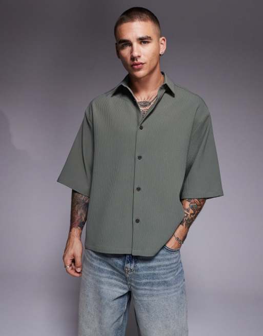 ASOS DESIGN - Oversized plissé overhemd in kaki