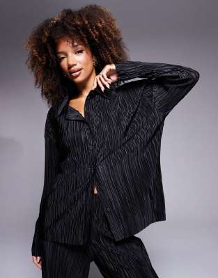 Asos Design Oversized Plisse Shirt In Black - Part Of A Set