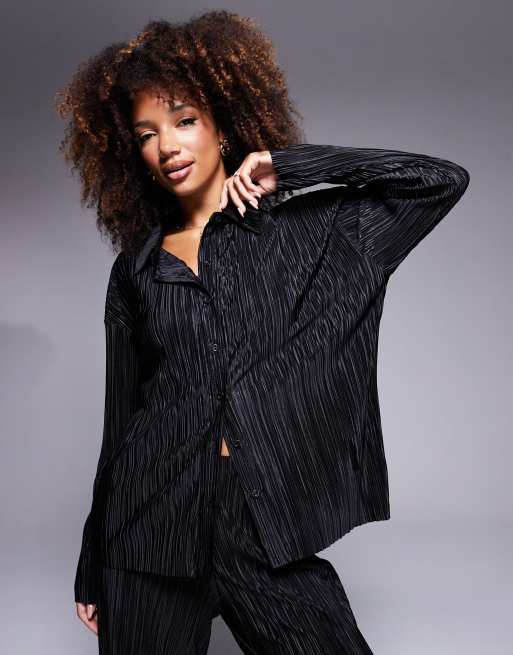 ASOS DESIGN oversized plisse shirt in black (part of a set)