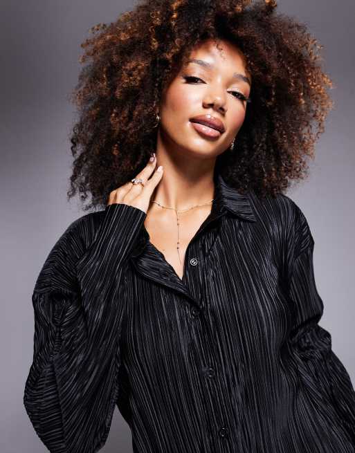 ASOS DESIGN oversized plisse shirt in black (part of a set)