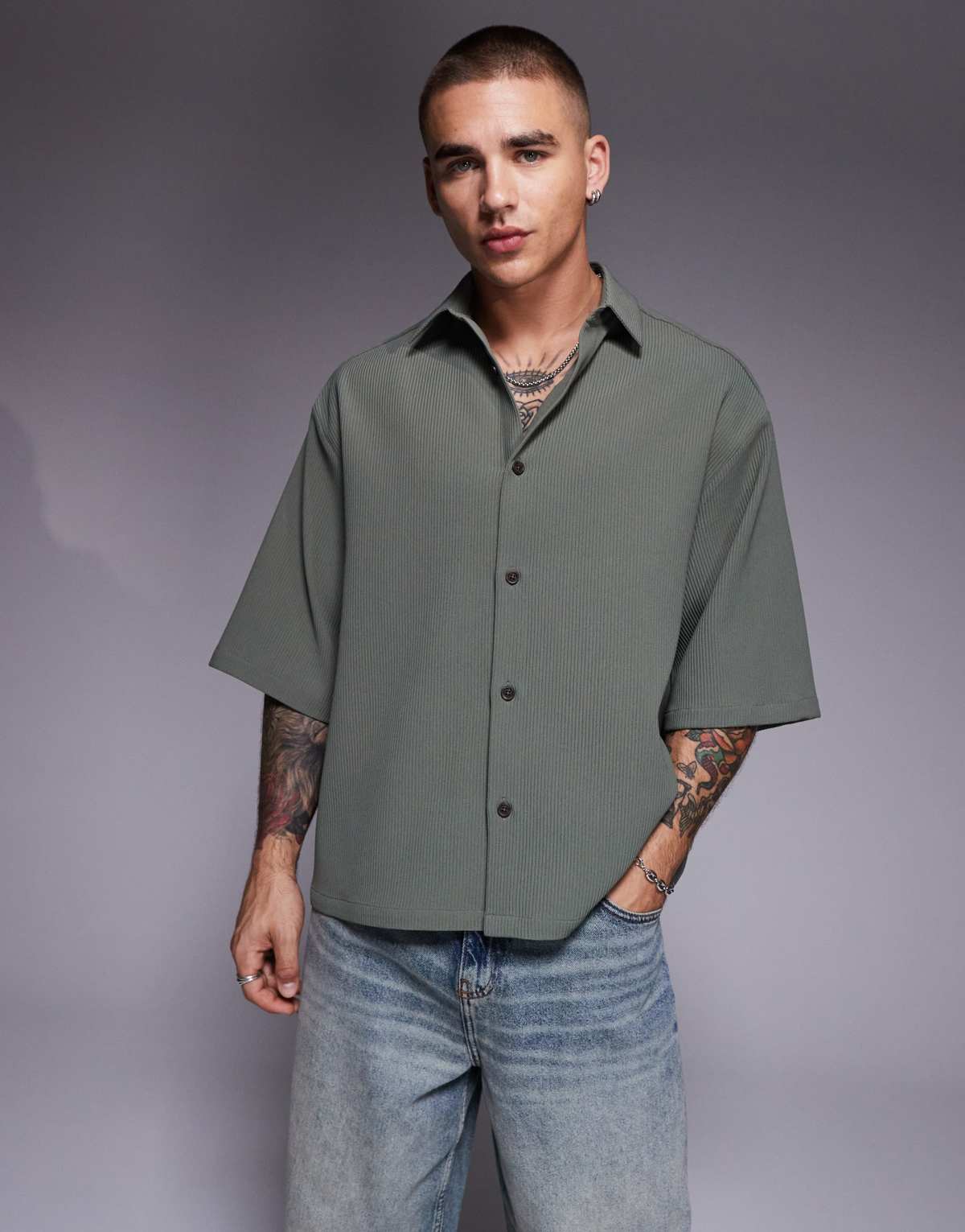 ASOS DESIGN oversized plisse shirt in khaki