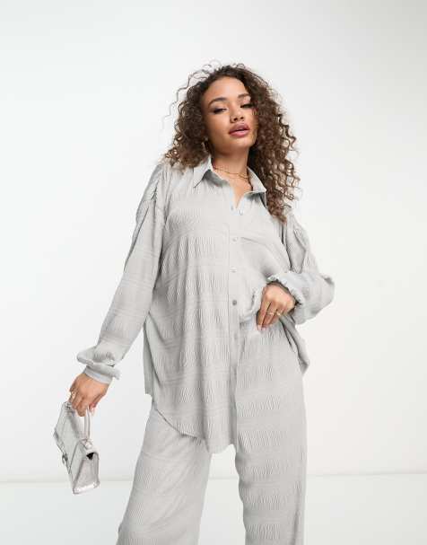 ASOS DESIGN oversized plisse shirt in silver - part of a set - view 1