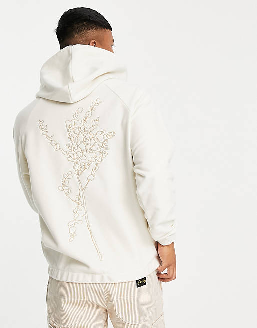 ASOS DESIGN oversized polar fleece hoodie in beige with line drawing back embroidery