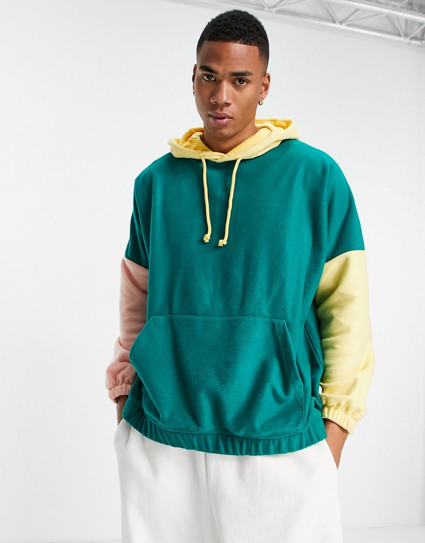 ASOS DESIGN oversized polar fleece hoodie in bright color-block-Green
