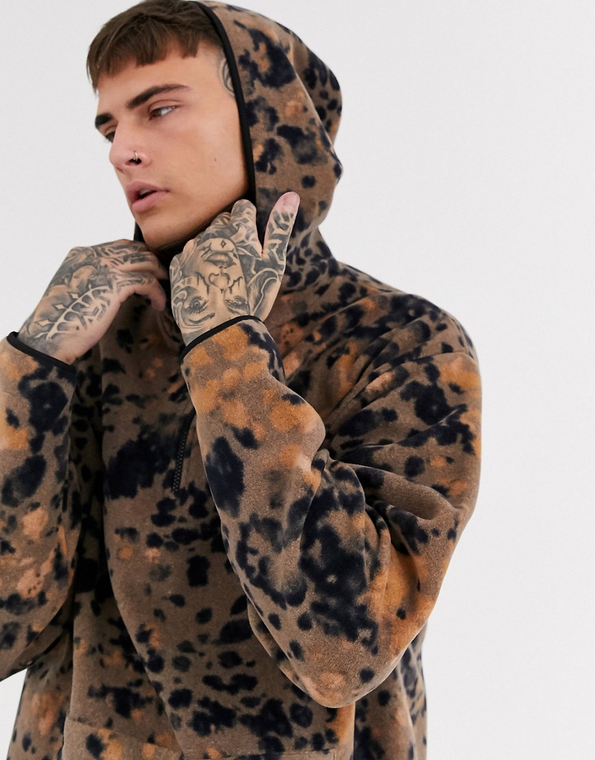 ASOS DESIGN oversized polar fleece hoodie in stone leopard print-Beige
