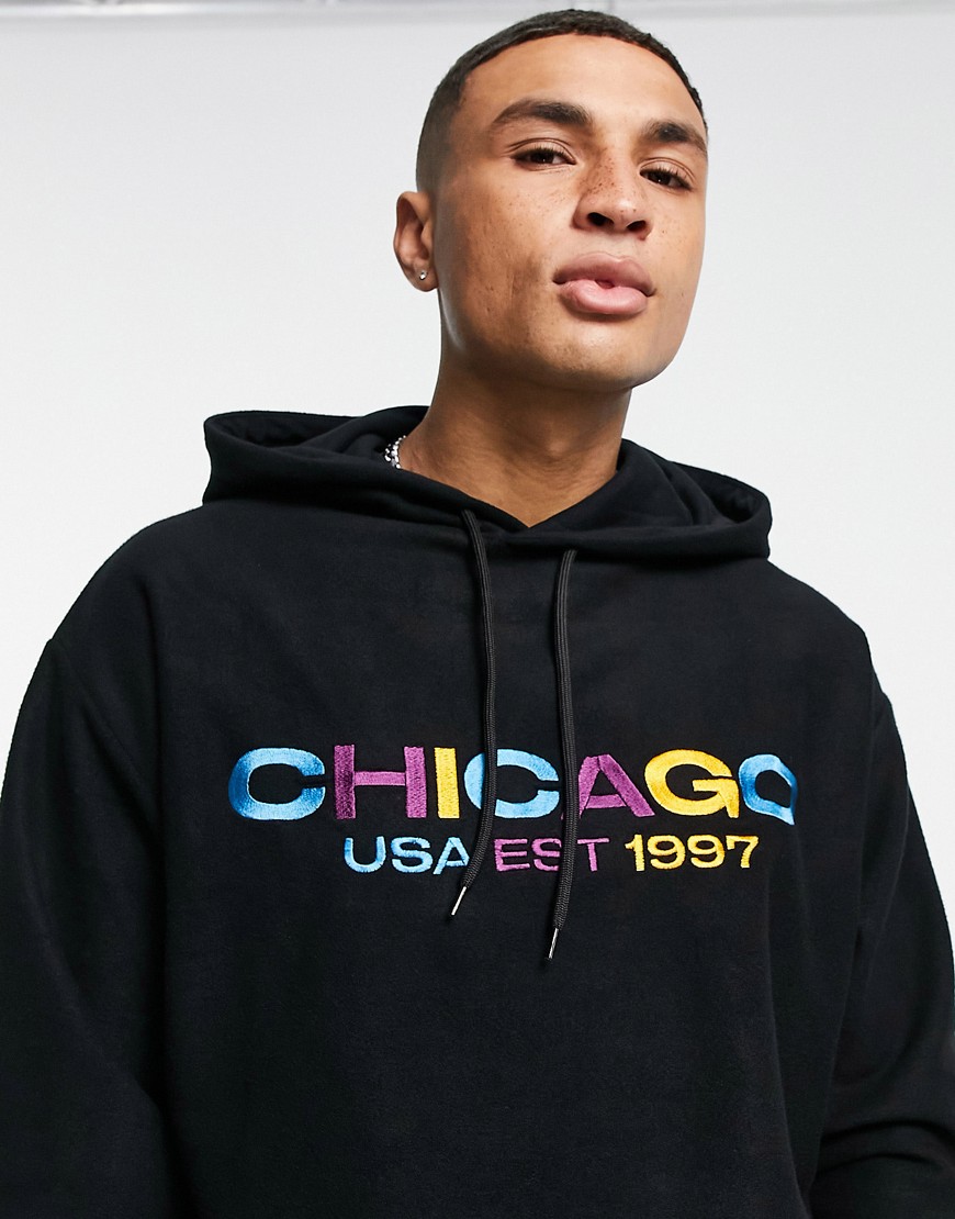 ASOS DESIGN oversized polar fleece hoodie with Chicago city embroidery-Black