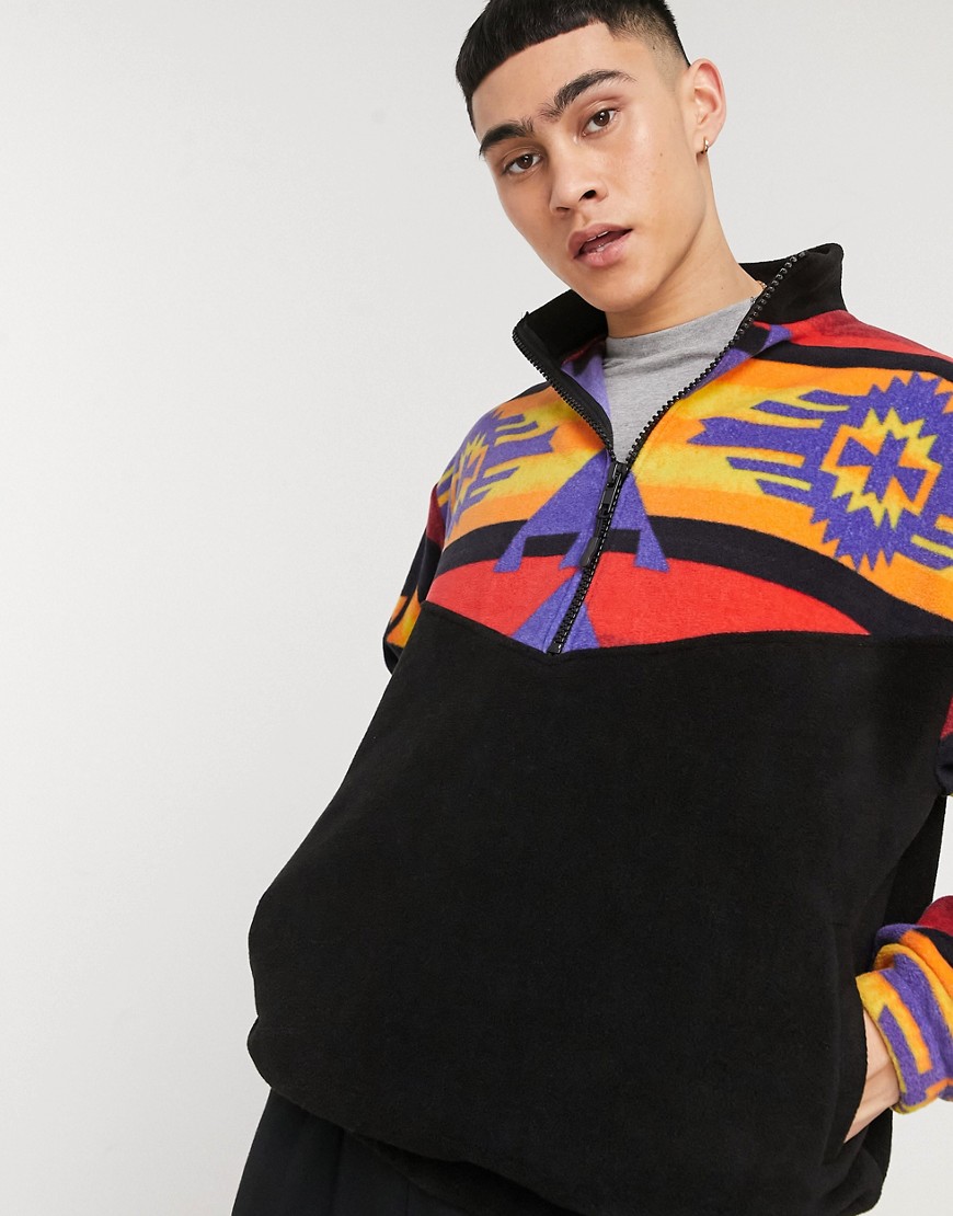 ASOS DESIGN oversized polar fleece sweatshirt with half zip & geometric color block panels-Black