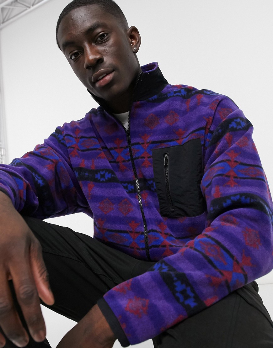 ASOS DESIGN oversized polar fleece track jacket with all over geo print in purple & black-Multi