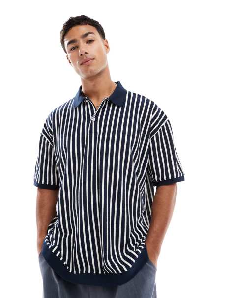 ASOS DESIGN oversized polo in black and white stripe - view 1