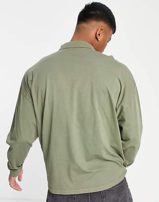 ASOS Design Oversized Polo Long Sleeve T-Shirt in Khaki Acid wash-Green