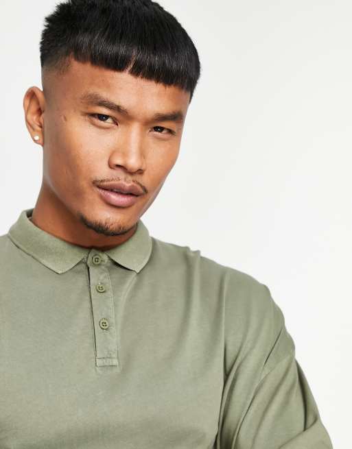 ASOS Design Oversized Polo Long Sleeve T-Shirt in Khaki Acid wash-Green