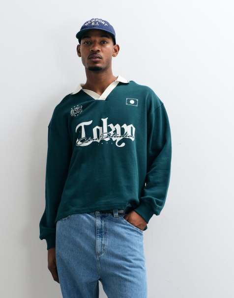 ASOS DESIGN oversized polo med kontrastkrave, pigmentprint og asymmetrisk kant i grøn - view 1