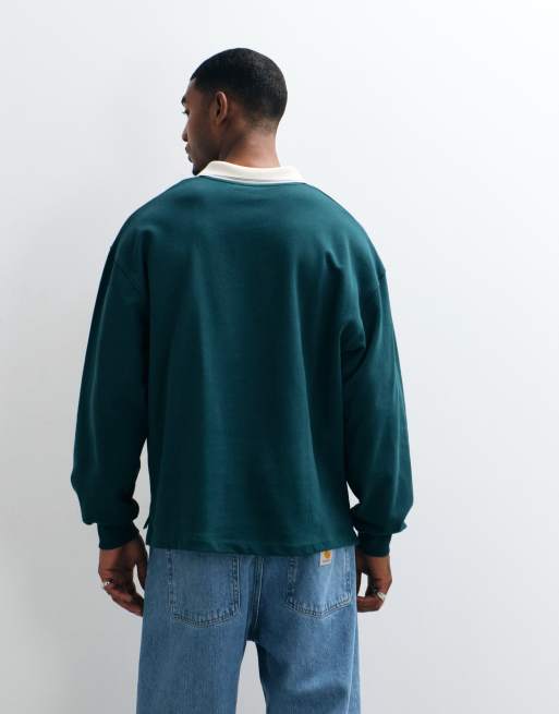 ASOS DESIGN oversized polo med kontrastkrave, pigmentprint og asymmetrisk kant i grøn, 3 af 5