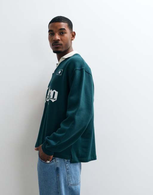 ASOS DESIGN oversized polo med kontrastkrave, pigmentprint og asymmetrisk kant i grøn, 5 af 5