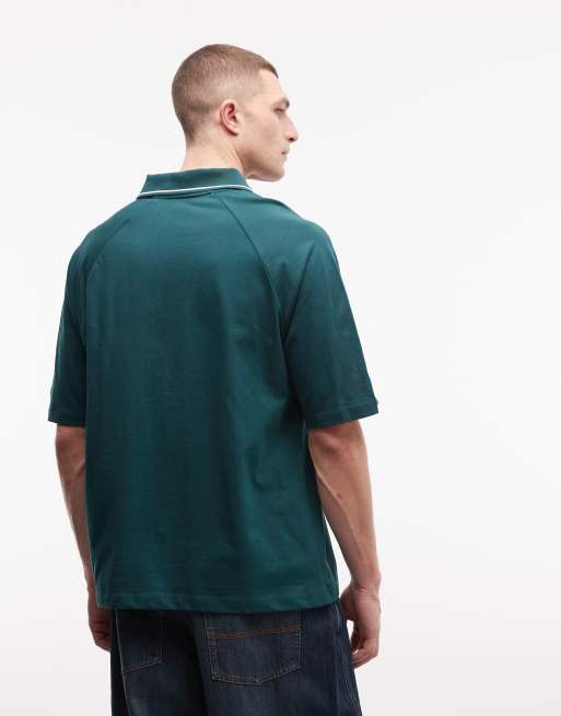 ASOS DESIGN - Oversized polo met gestikte vlakken en sportprint in donkergroen, 4 van 5