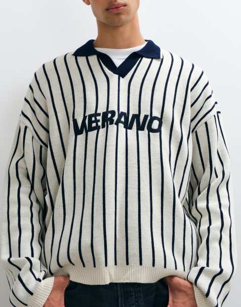 ASOS DESIGN oversized polo met inkeping in de hals in ecru en navy met grafische print - view 1