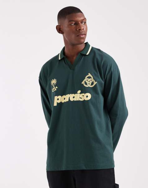 ASOS DESIGN - Oversized polo met lange mouwen en grafische Paraiso-print in donkergroen - view 1