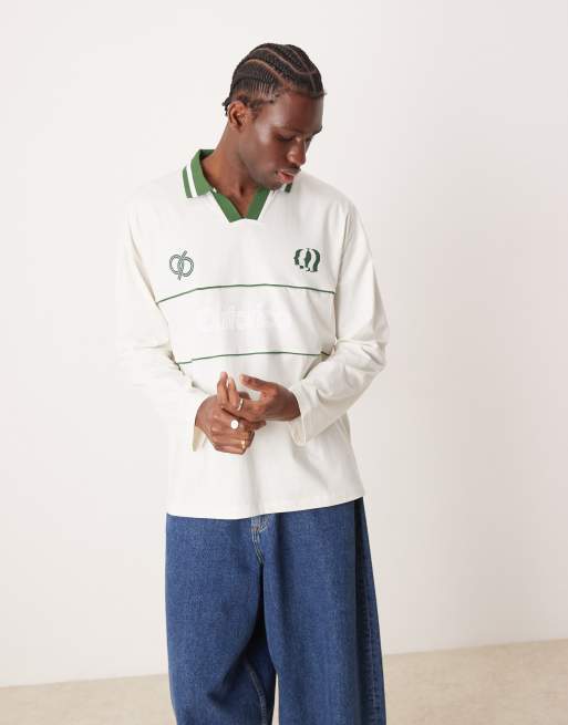 ASOS DESIGN - Oversized polo met lange mouwen en print in crème