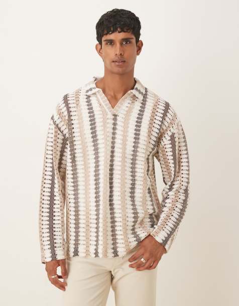 ASOS DESIGN - Oversized polo met lange mouwen in neutrale strepen en haakwerk - view 1