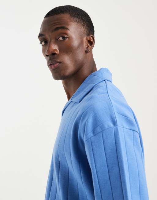 ASOS DESIGN - Oversized polo met reverskraag en brede ribbels in blauw, 3 van 5