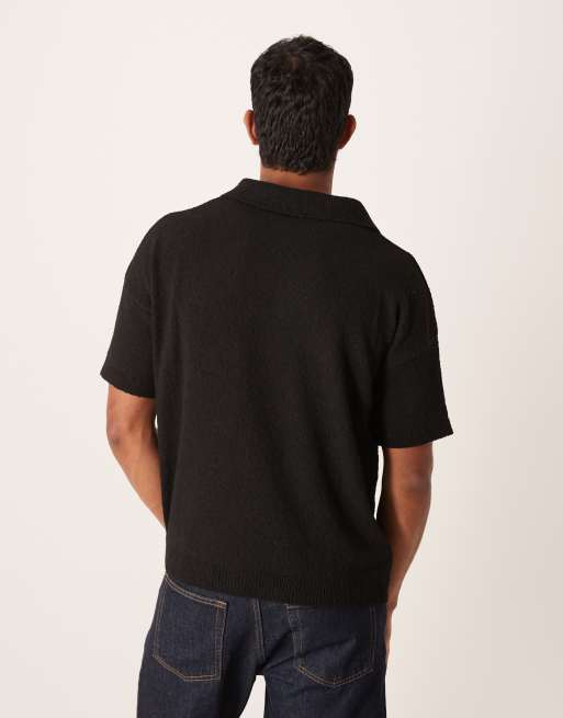 ASOS DESIGN - Oversized polo met textuur en inkeping aan de hals in zwart, 3 van 5