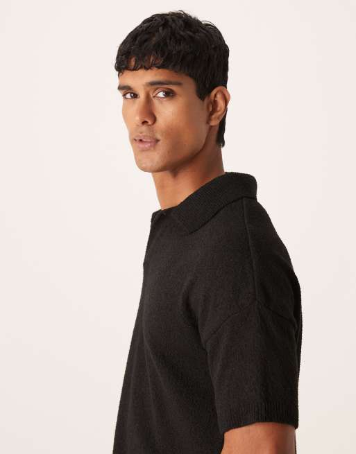 ASOS DESIGN - Oversized polo met textuur en inkeping aan de hals in zwart, 4 van 5