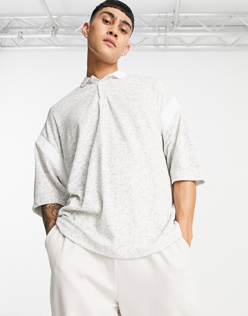 ASOS DESIGN oversized polo shirt in gray heather velour fleece-White