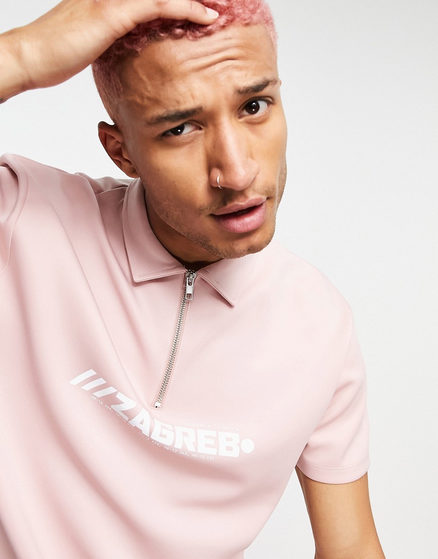 ASOS DESIGN oversized polo shirt in pink scuba with text print