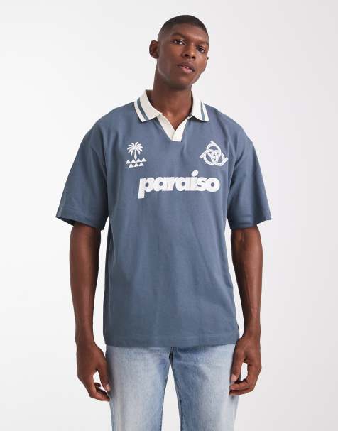 ASOS DESIGN oversized polo shirt in with paraiso graphic in grey - view 1