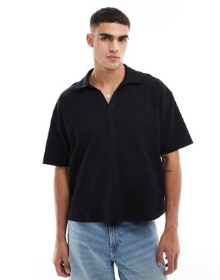 oversized polo shirt with camp collar in black-Navy