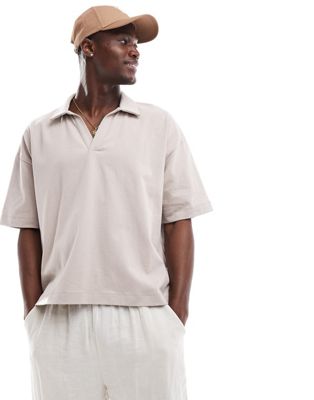 oversized polo shirt with camp collar in stone-Neutral