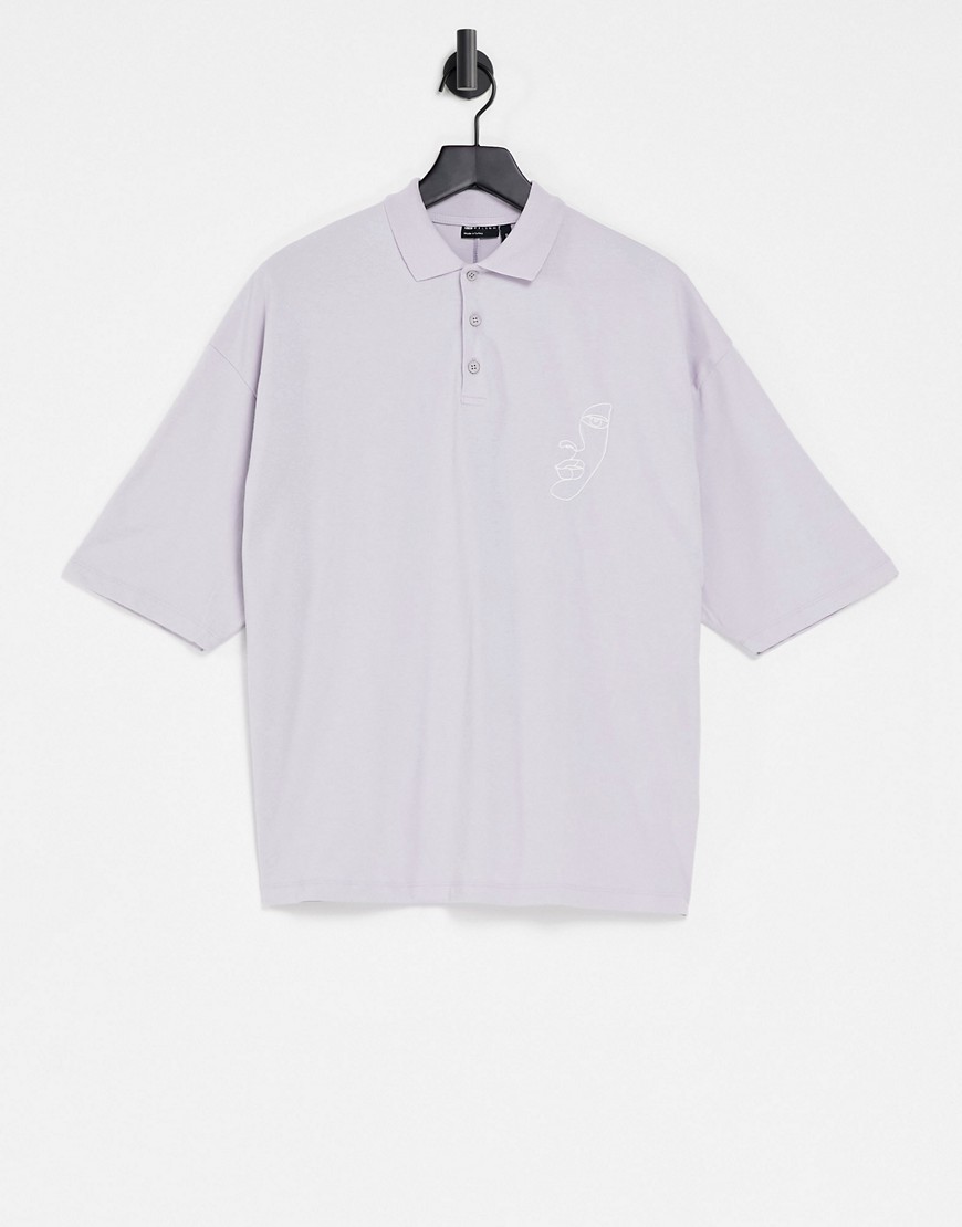 ASOS DESIGN oversized polo shirt with chest face line drawing in lilac-Purple
