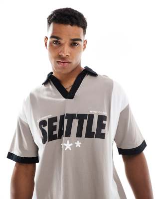 Asos Design Oversized Polo Shirt With City Print In Gray