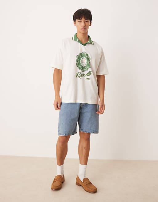 ASOS DESIGN oversized polo shirt with city print in off ASOS DESIGN oversized polo shirt with city print in off