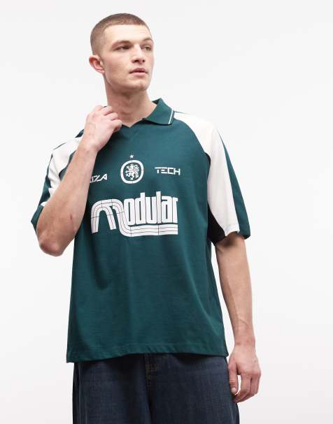 ASOS DESIGN oversized polo shirt with cut and sew paneling and sporty graphics in dark green - view 1