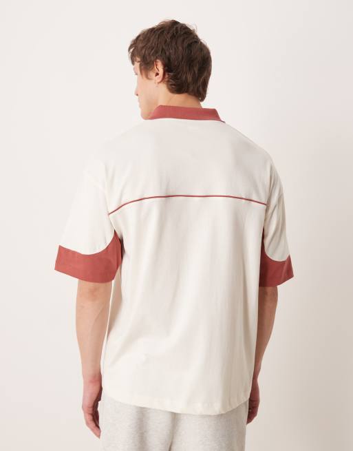 ASOS DESIGN oversized polo shirt with soccer graphic in off white and brown, 3 of 5
