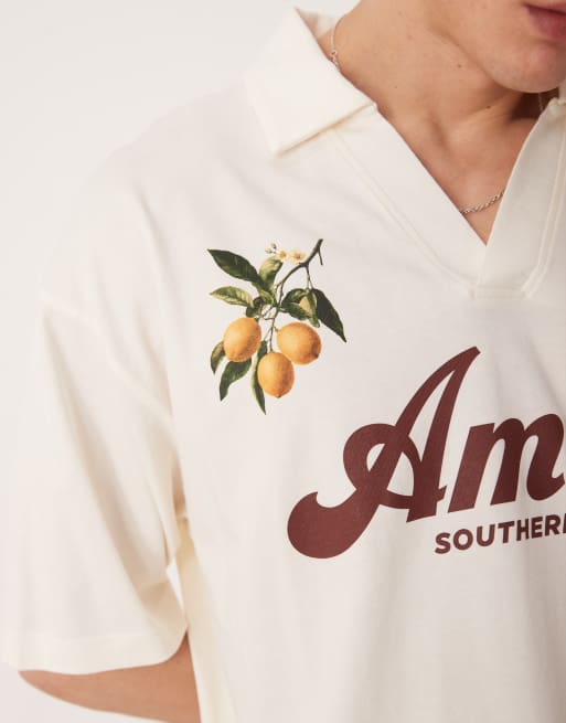 ASOS DESIGN oversized polo shirt with soccer graphics in off white, 5 of 5
