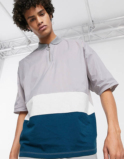 ASOS DESIGN oversized polo shirt zip neck and woven colour block in grey