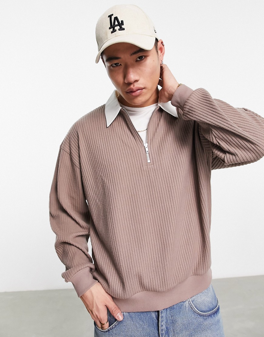 ASOS DESIGN oversized polo sweatshirt in brown ribbed texture-Blue
