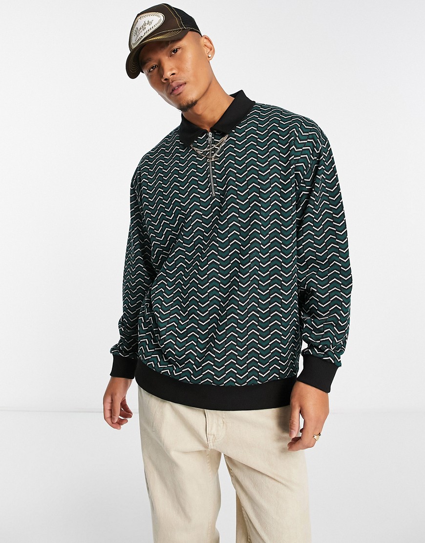 Asos Design Oversized Polo Sweatshirt In Green Chevron Texture