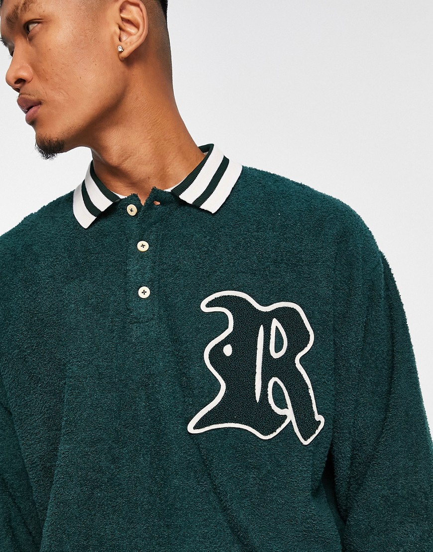 ASOS DESIGN oversized polo sweatshirt in green heavyweight towelling with collegiate badging