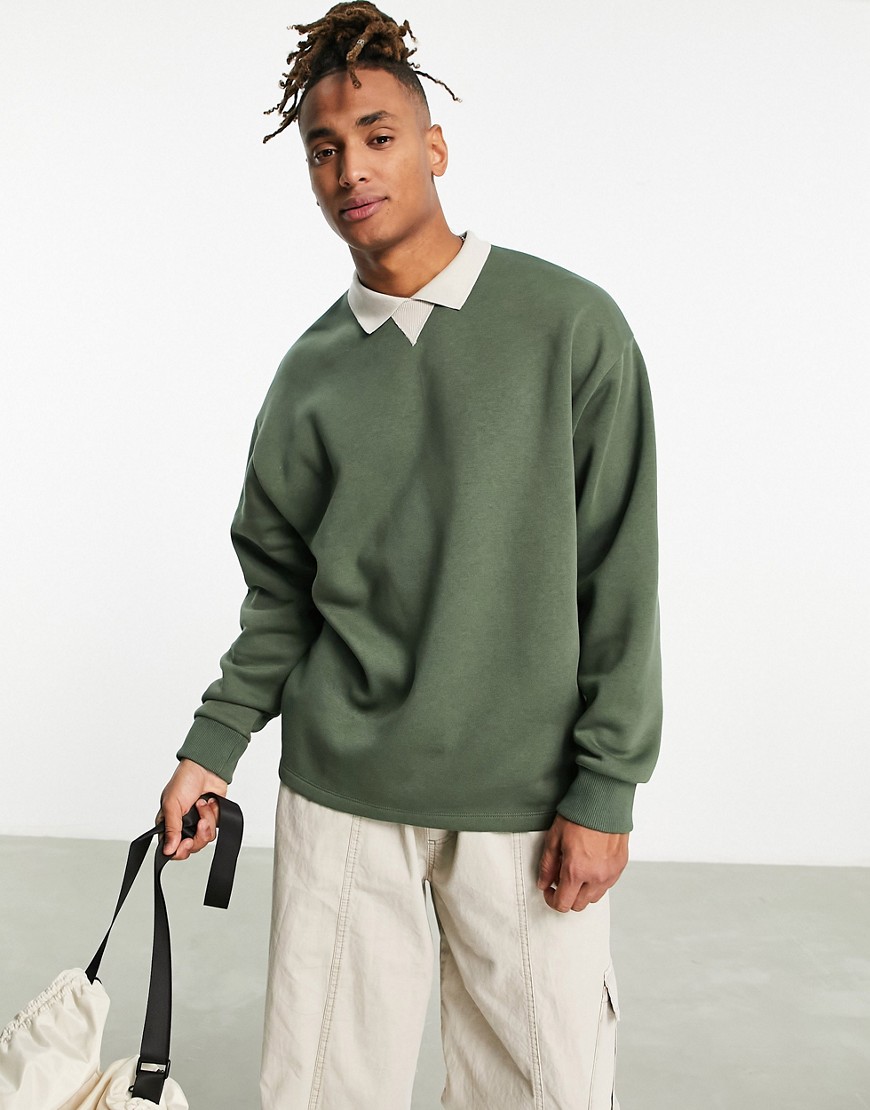 ASOS DESIGN oversized polo sweatshirt in green with contrast collar