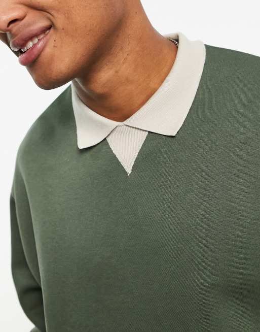 ASOS DESIGN oversized polo sweatshirt in green with contrast collar