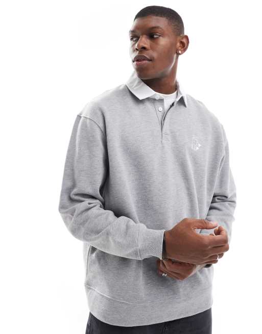 ASOS DESIGN - Oversized polo sweatshirt in grijs gemêleerd met wit kraagje en print op de borst